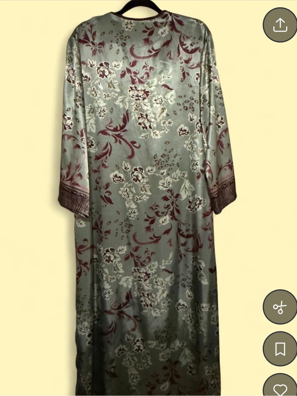 VTG Halston Satin Floral Caftan Maxi Dress | Sage Burgundy Y2K Boho Luxe sz M - Picture 3 of 9